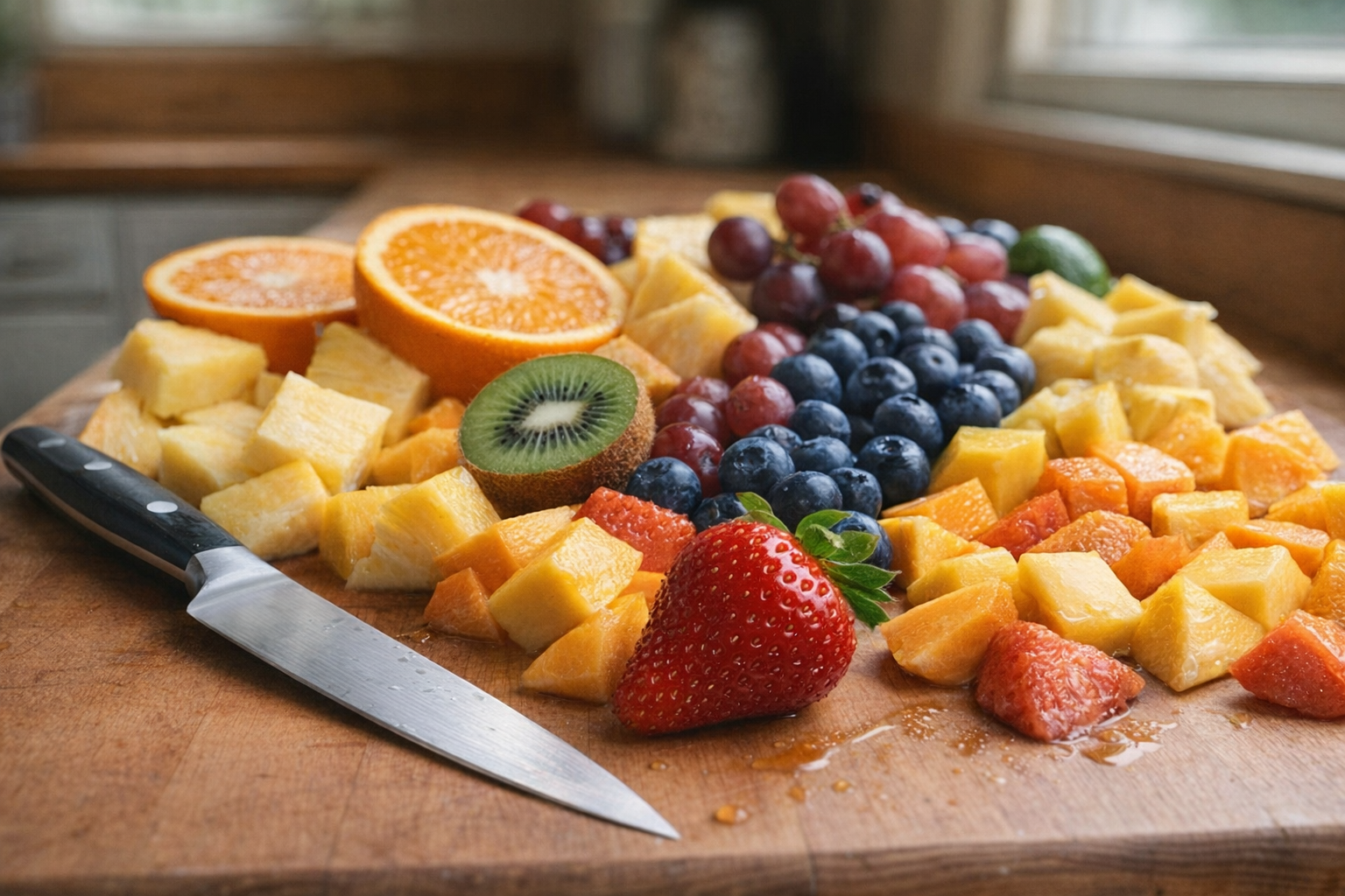 Close-up shot of a variety of freshly washed and cut fruits on a wooden cutting board. A sharp knife is positioned next to a vibrant red strawberry.